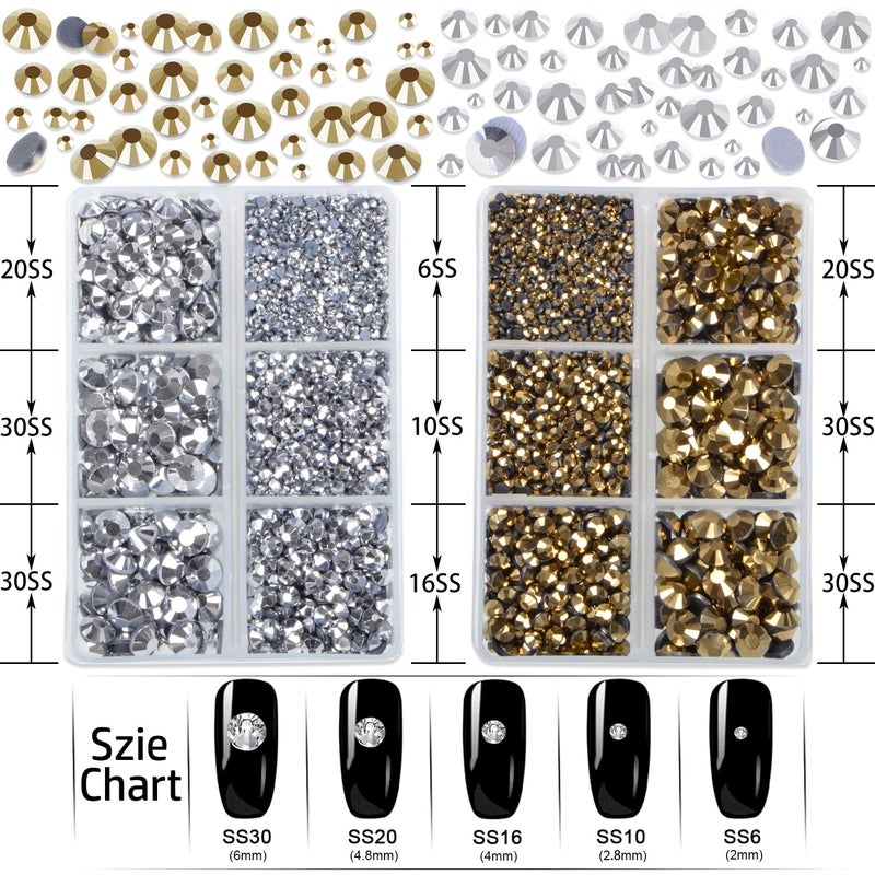 LPBeads 6400 Pieces Gold and Silver Hotfix Rhinestones Flat Back 5 Mixed Sizes Crystal Round Glass Gems with Tweezers and Picking Rhinestones Pen - Image 2